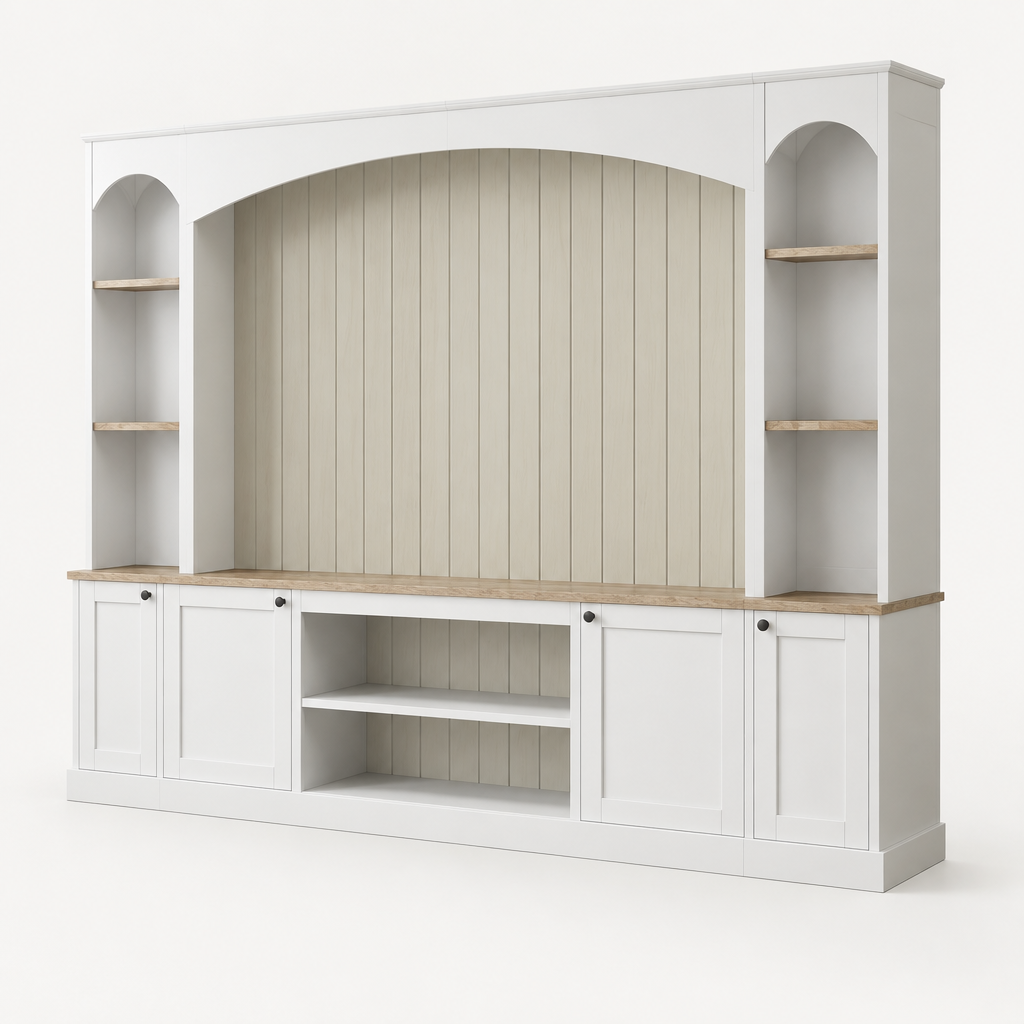 92" Arched Entertainment Center Wall Unit with Bookshelf – White — studio three-quarter