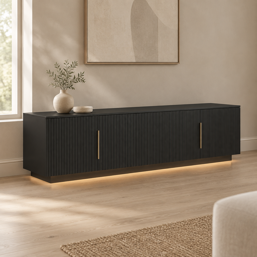 67" TV Stand with 16-Color LED Lights – Black — living room three-quarter left
