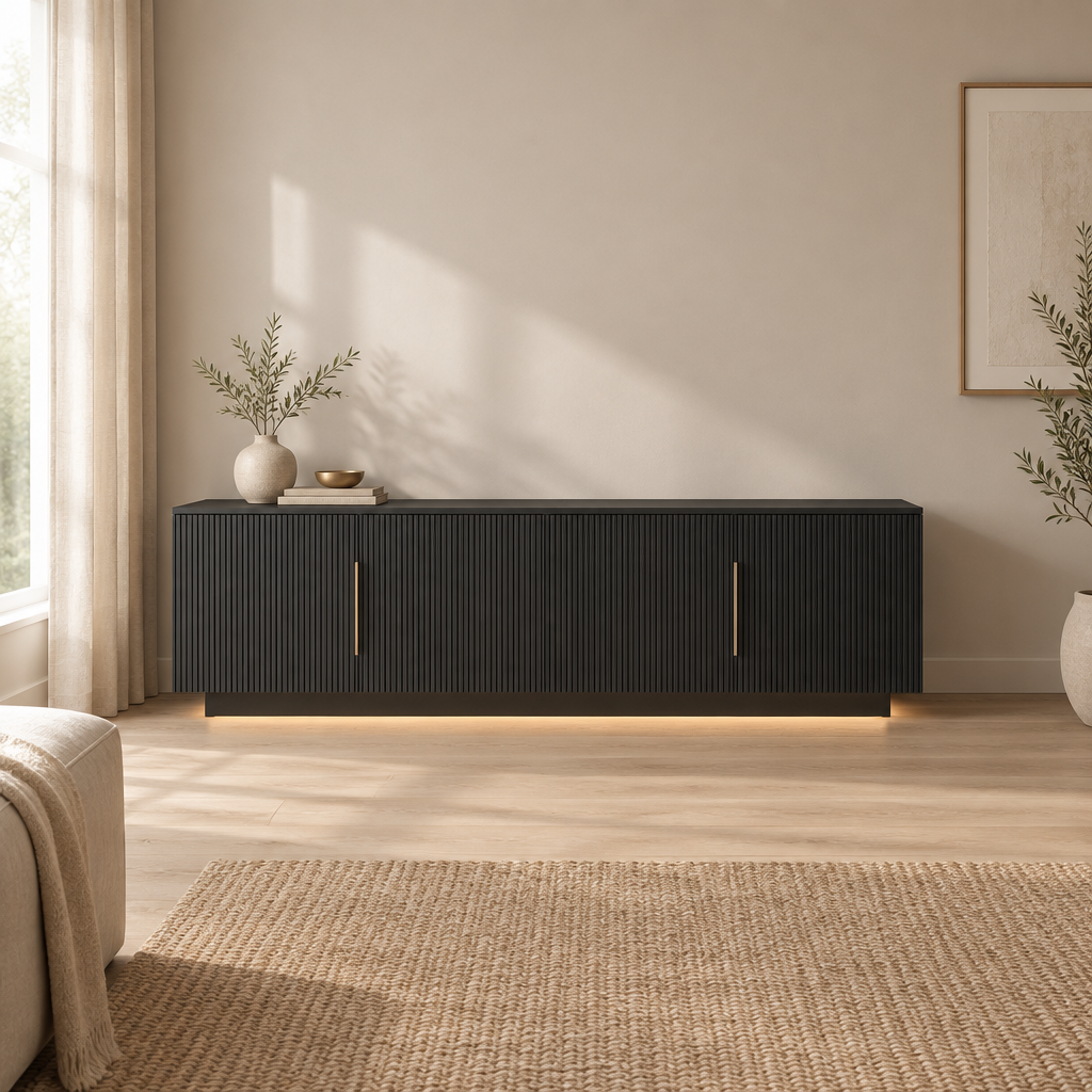 67" TV Stand with 16-Color LED Lights – Black — living room wide