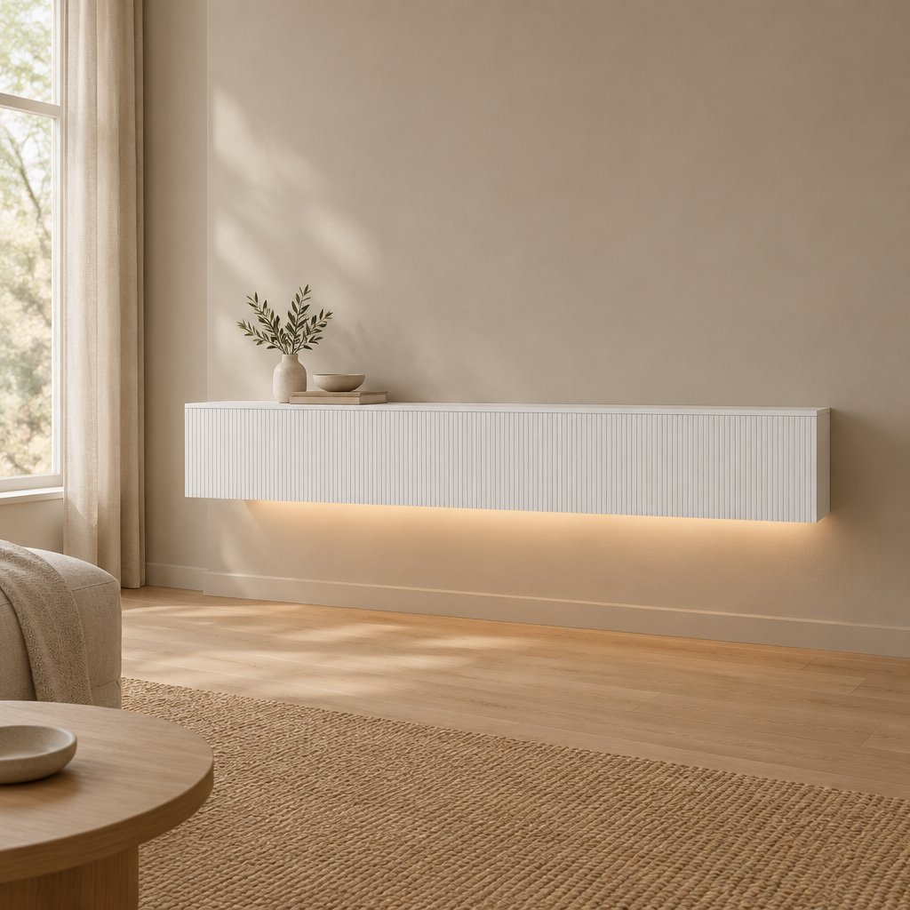 69" Floating LED TV Stand, Wall-Mounted – White — living room wide