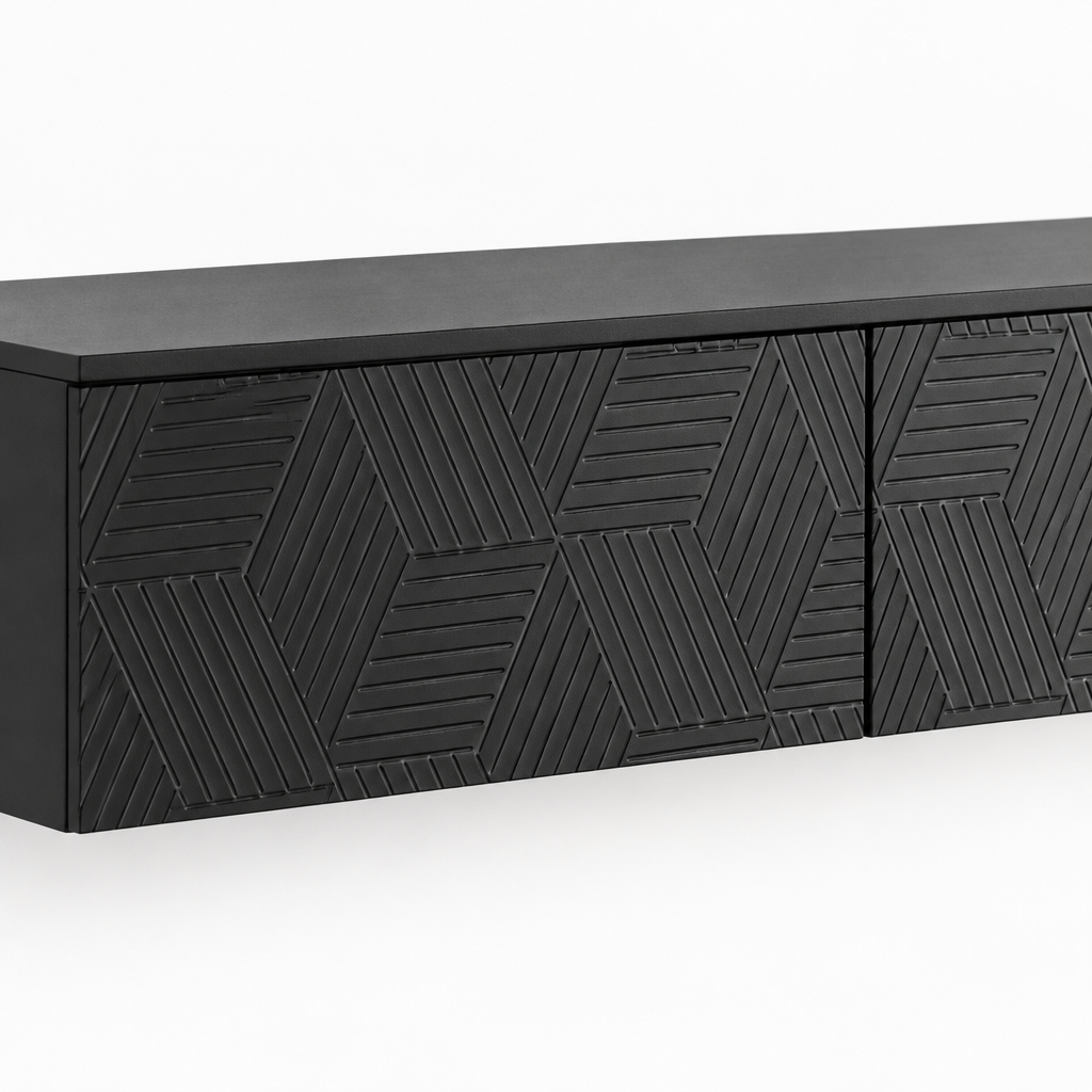 67" Floating LED TV Stand with Cable Holes – Black — studio detail