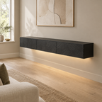 67" Floating LED TV Stand with Cable Holes – Black — living room three-quarter right