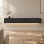 67" Floating LED TV Stand with Cable Holes – Black — living room front