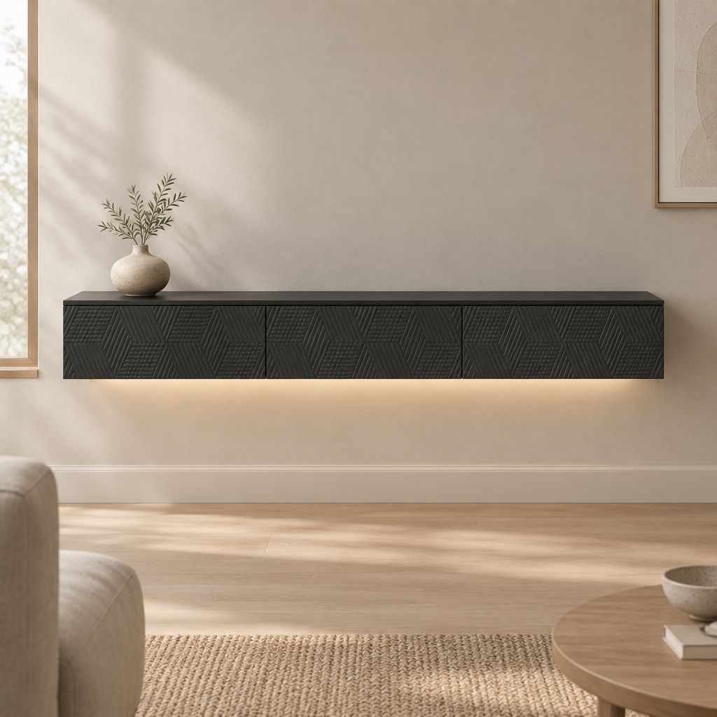 67" Floating LED TV Stand with Cable Holes – Black — living room front