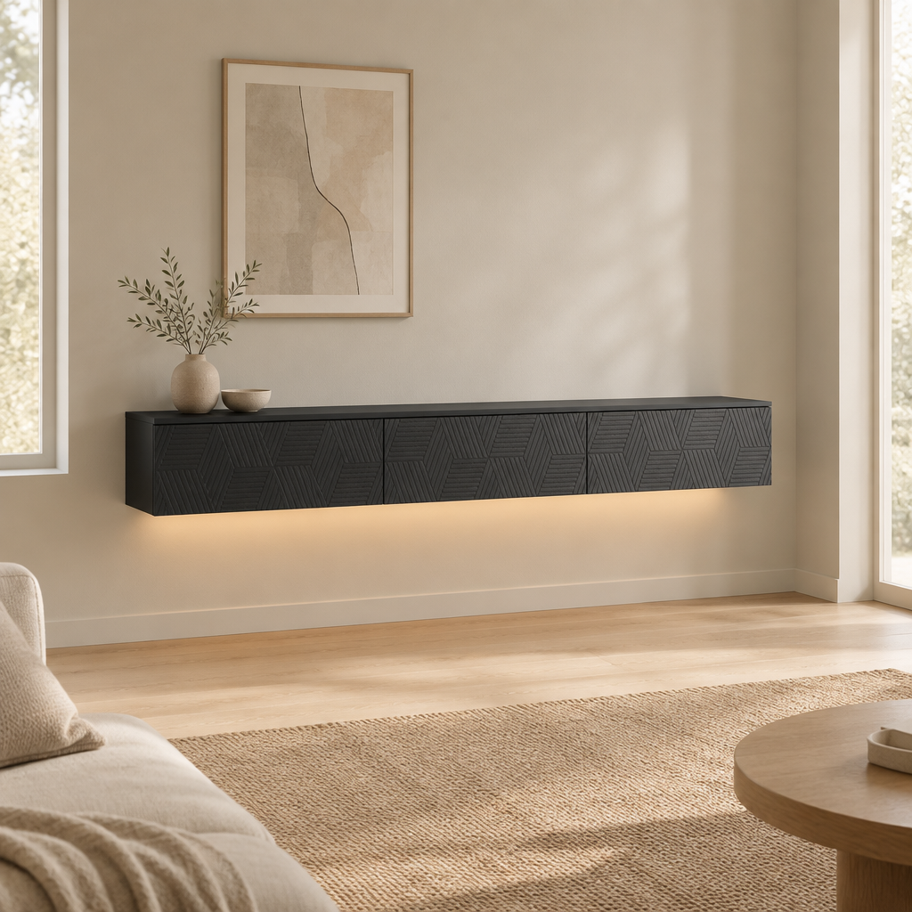 67" Floating LED TV Stand with Cable Holes – Black — living room wide