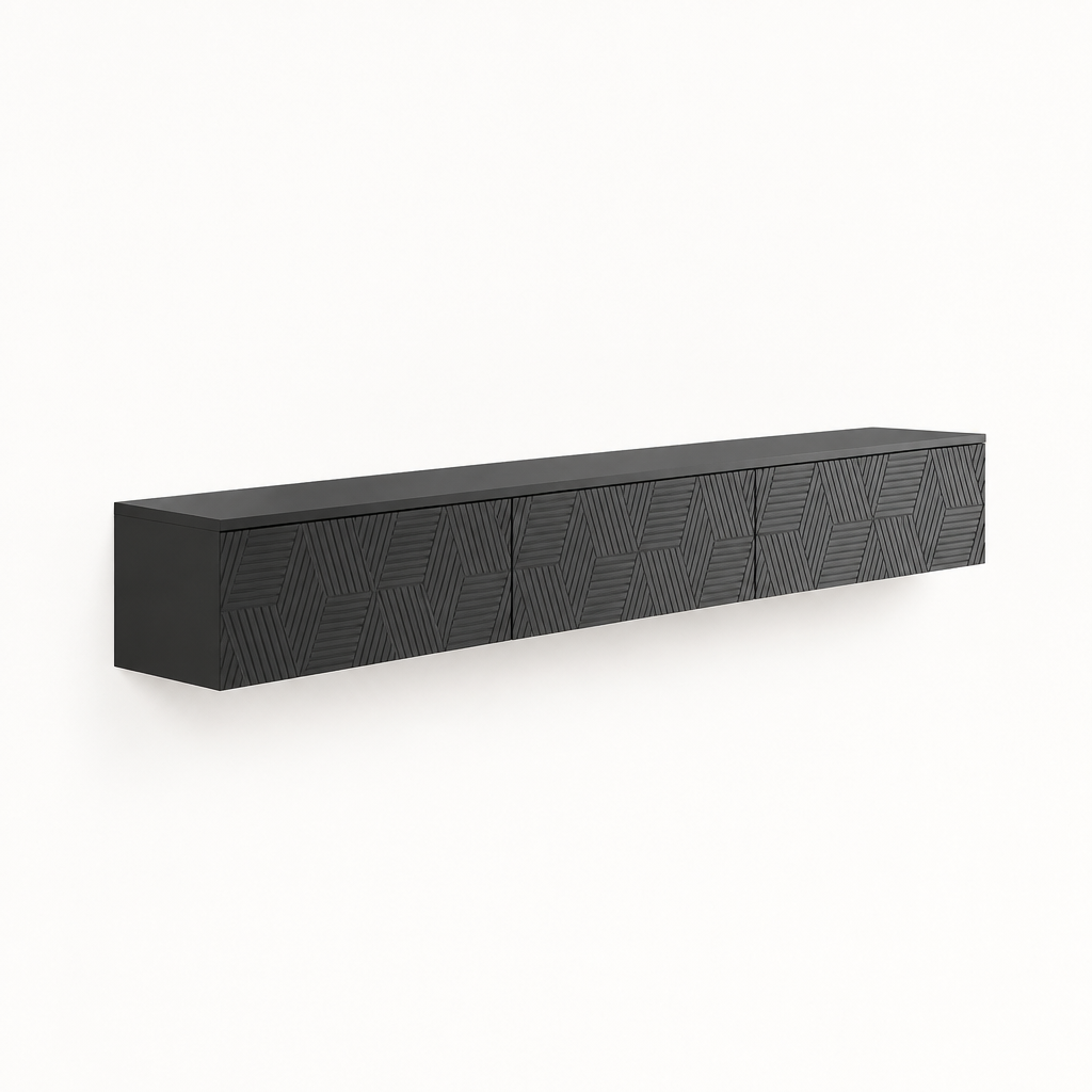 67" Floating LED TV Stand with Cable Holes – Black — studio side profile