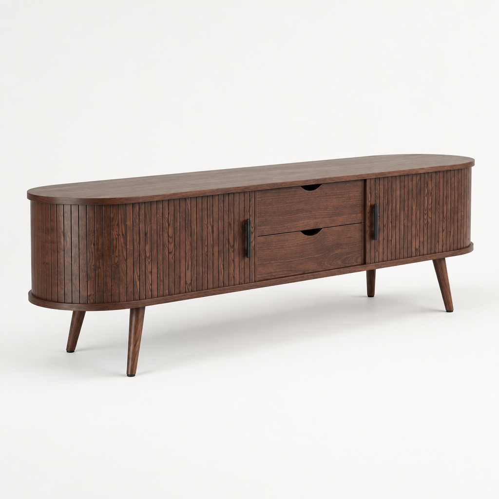 71" Mid-Century TV Stand for 80" TV, Tambour Doors – Dark Brown — studio side profile
