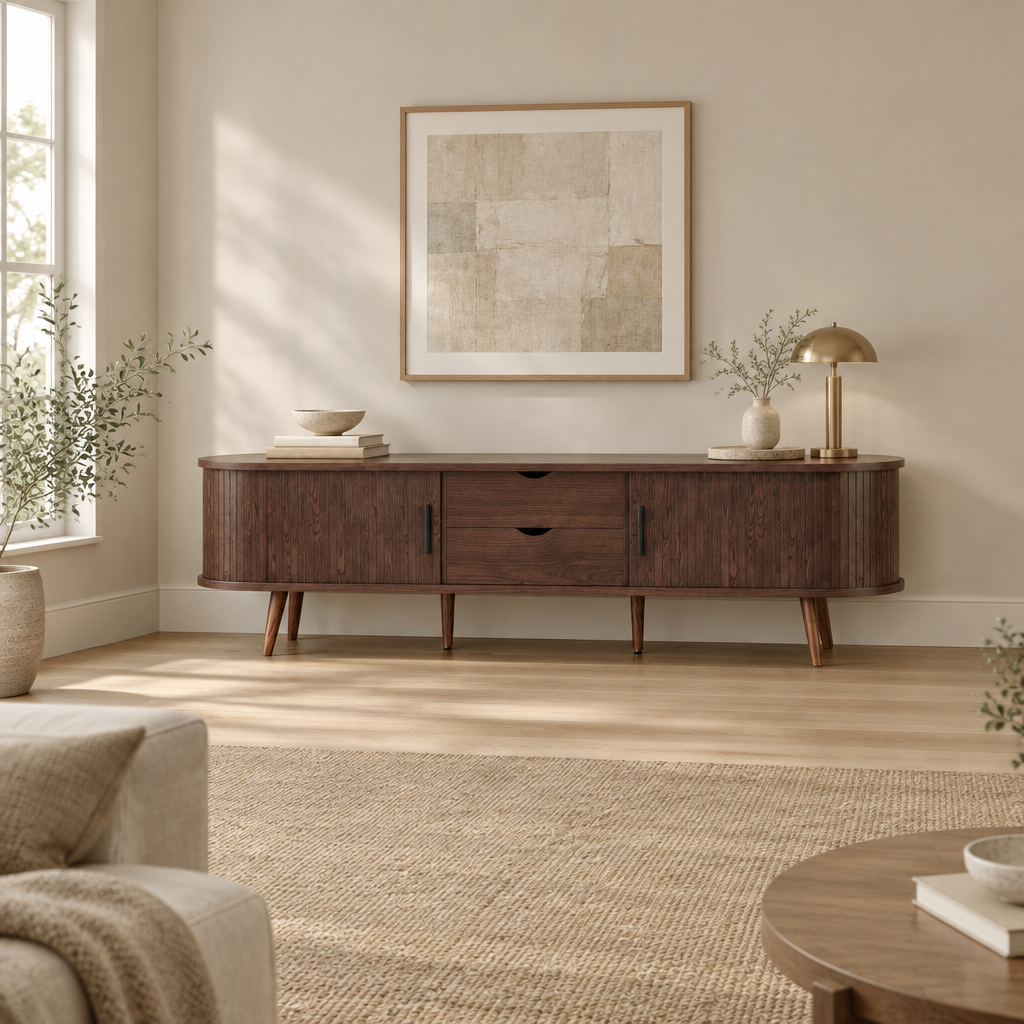 71" Mid-Century TV Stand for 80" TV, Tambour Doors – Dark Brown — living room wide