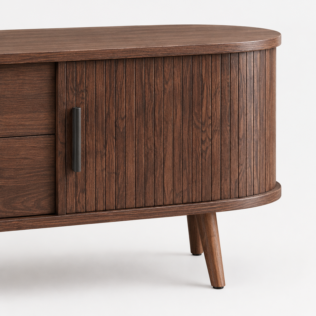 71" Mid-Century TV Stand for 80" TV, Tambour Doors – Dark Brown — studio detail