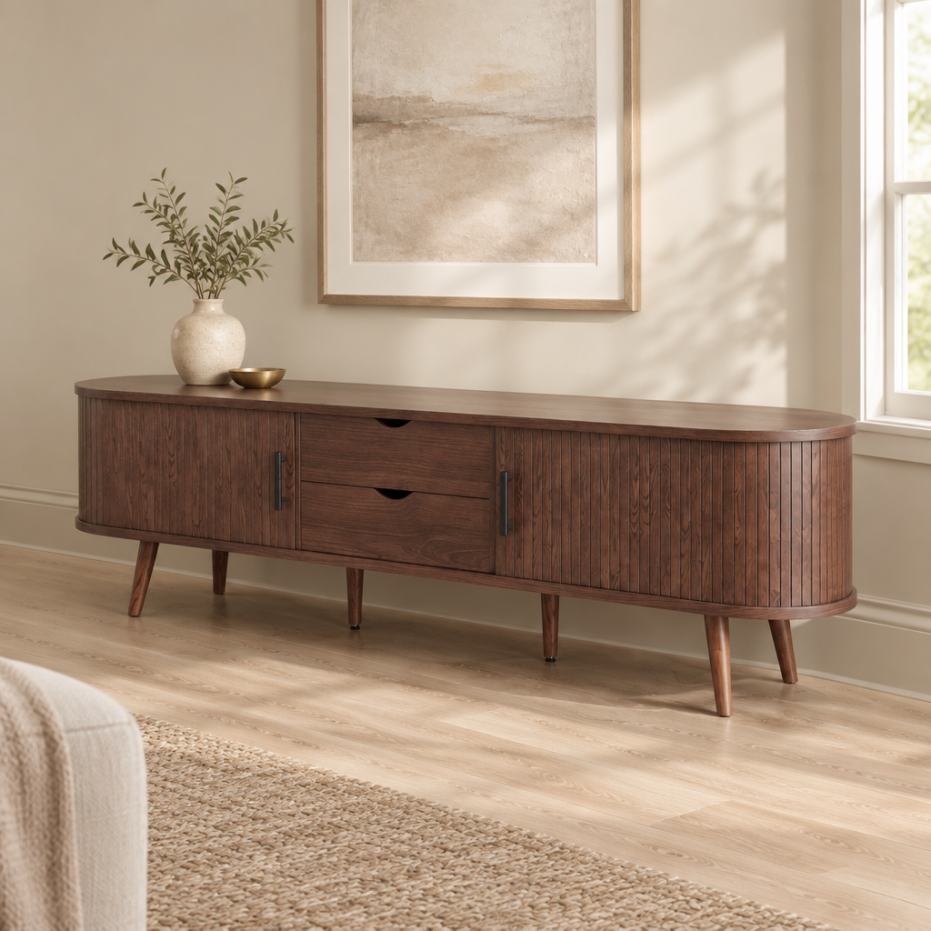 71" Mid-Century TV Stand for 80" TV, Tambour Doors – Dark Brown — living room three-quarter right