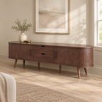 71" Mid-Century TV Stand for 80" TV, Tambour Doors – Dark Brown — living room three-quarter right