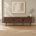 71" Mid-Century TV Stand for 80" TV, Tambour Doors – Dark Brown — living room front