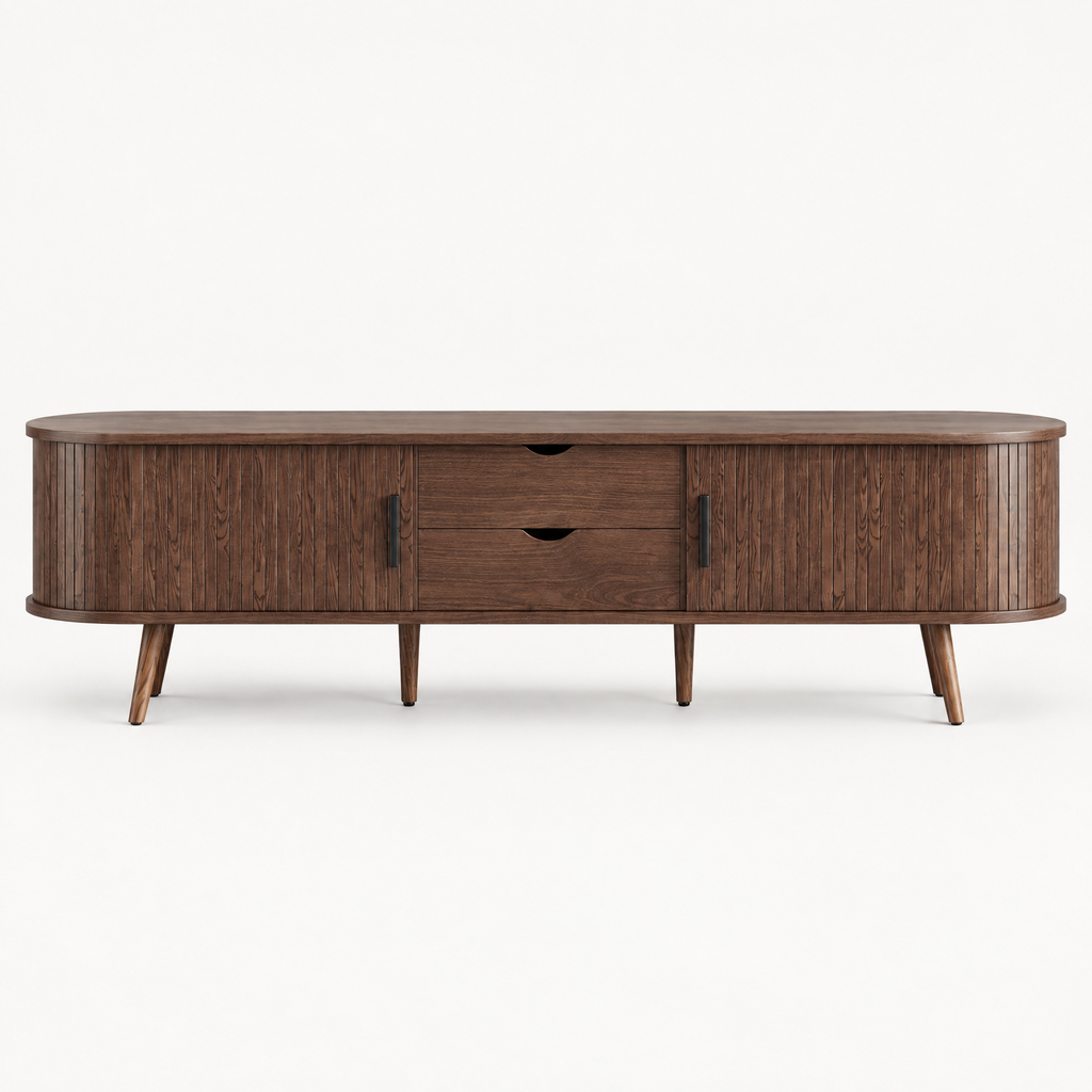 71" Mid-Century TV Stand for 80" TV, Tambour Doors – Dark Brown — studio hero