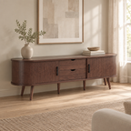 71" Mid-Century TV Stand for 80" TV, Tambour Doors – Dark Brown — living room three-quarter left