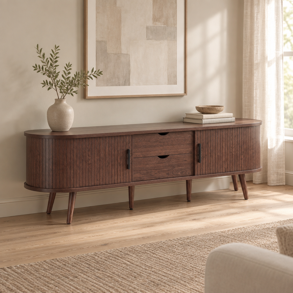 71" Mid-Century TV Stand for 80" TV, Tambour Doors – Dark Brown — living room three-quarter left