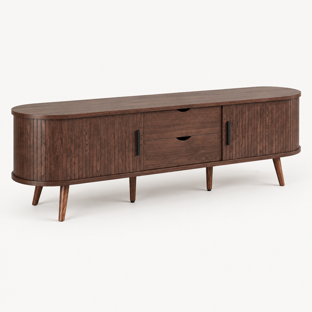 71" Mid-Century TV Stand for 80" TV, Tambour Doors – Dark Brown — studio three-quarter