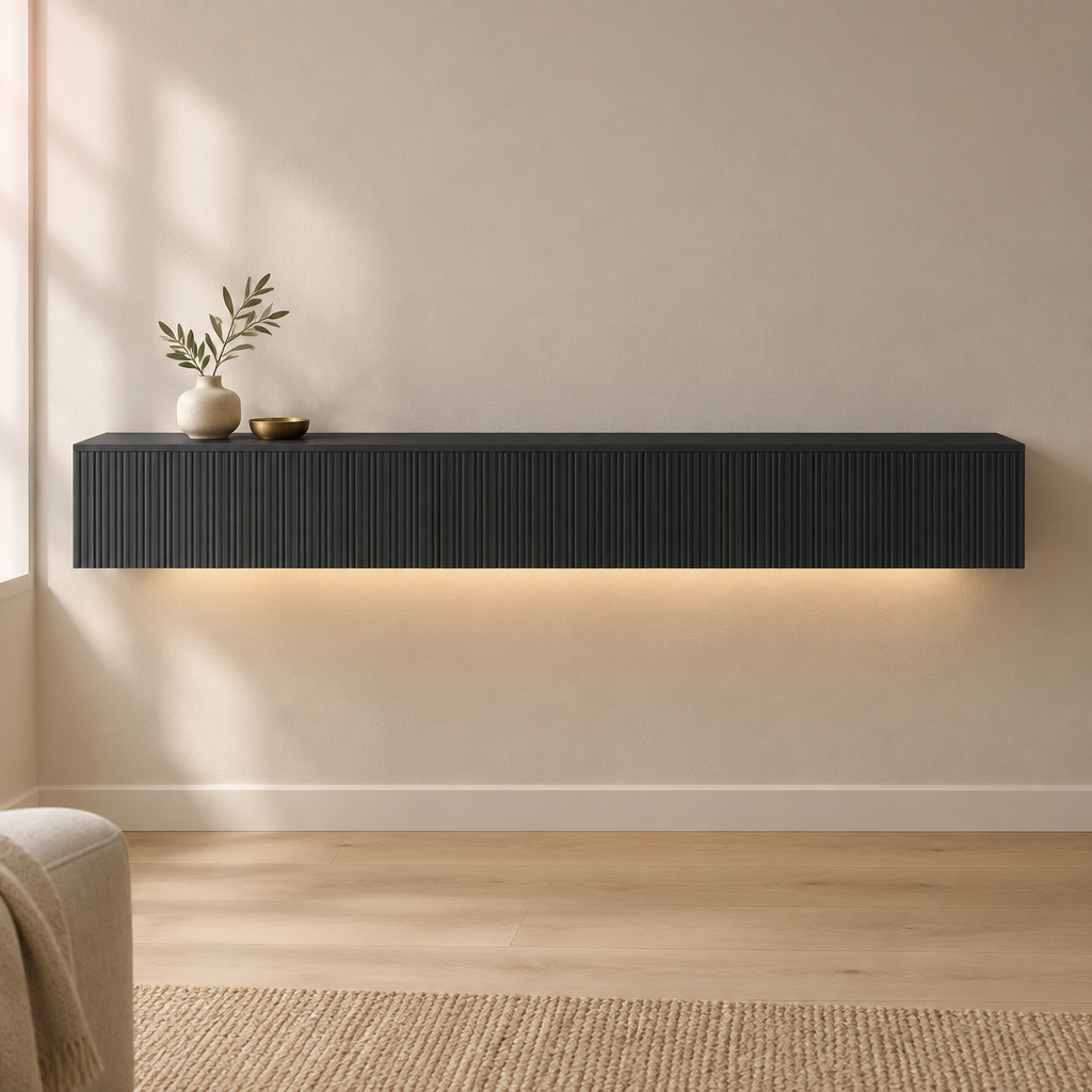 69" Floating LED TV Stand, Wall-Mounted – Black — living room front