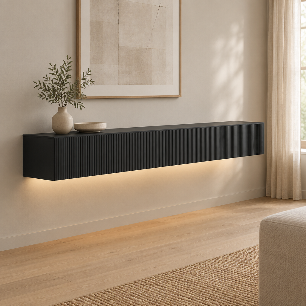 69" Floating LED TV Stand, Wall-Mounted – Black — living room three-quarter left