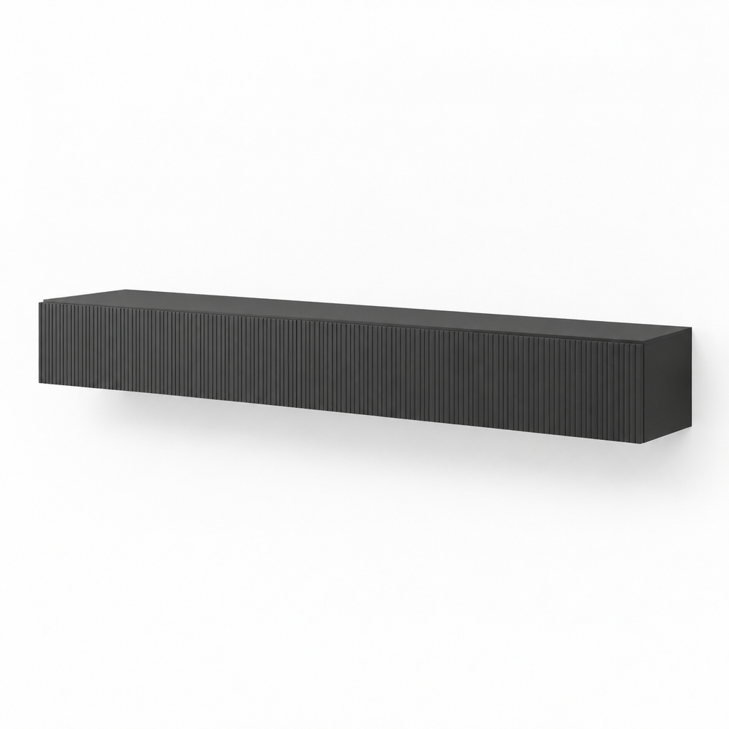 69" Floating LED TV Stand, Wall-Mounted – Black — studio three-quarter