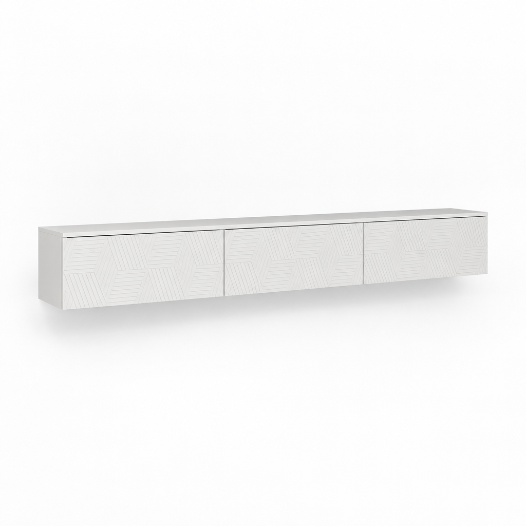 67" Floating LED TV Stand with Cable Holes – White — studio three-quarter