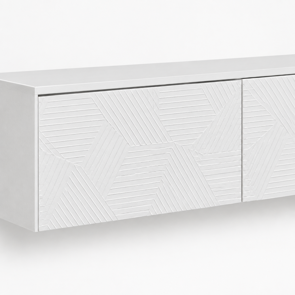 67" Floating LED TV Stand with Cable Holes – White — studio detail