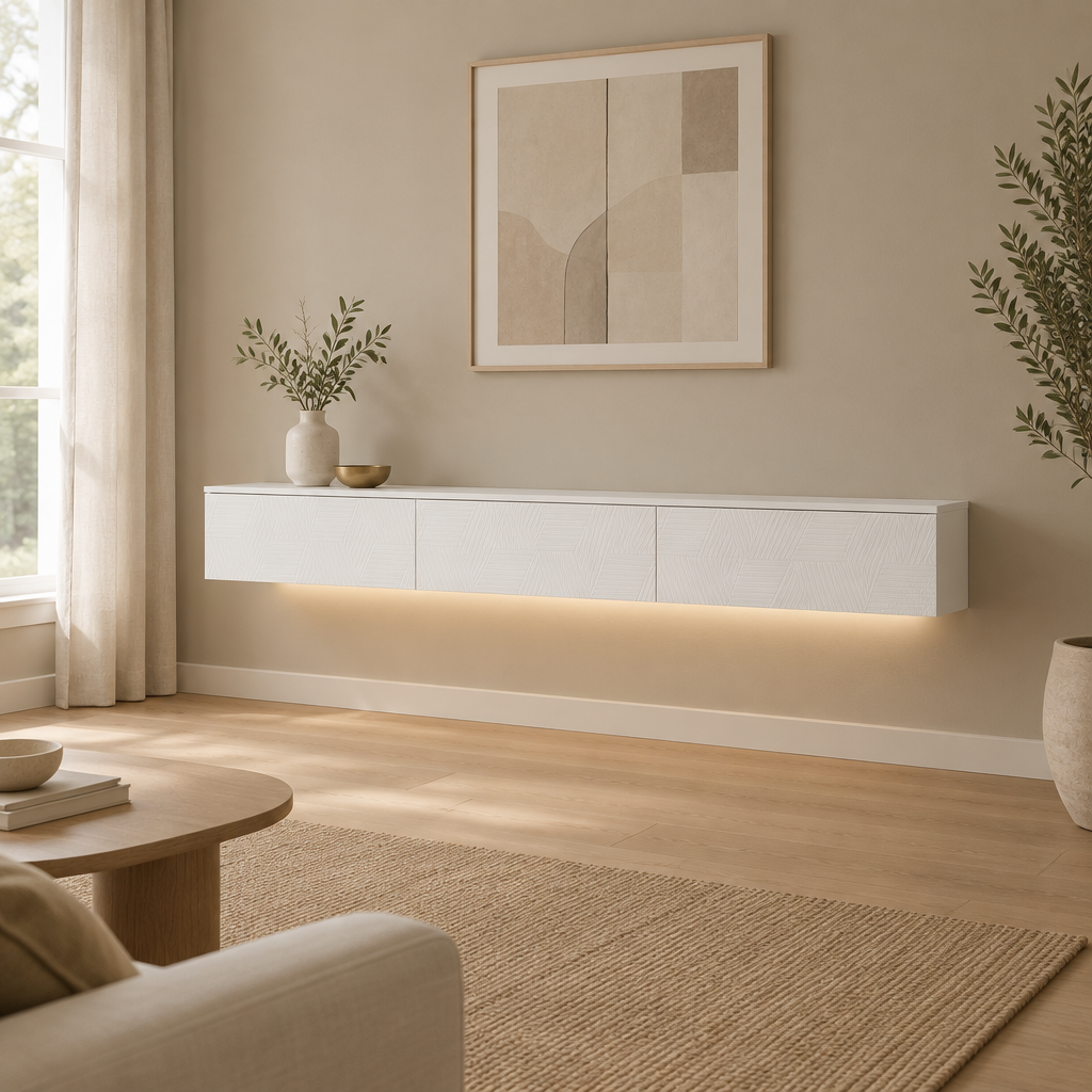 67" Floating LED TV Stand with Cable Holes – White — living room wide