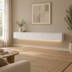 67" Floating LED TV Stand with Cable Holes – White — living room wide