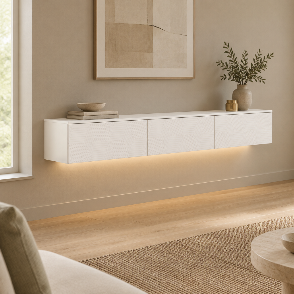 67" Floating LED TV Stand with Cable Holes – White — living room three-quarter left
