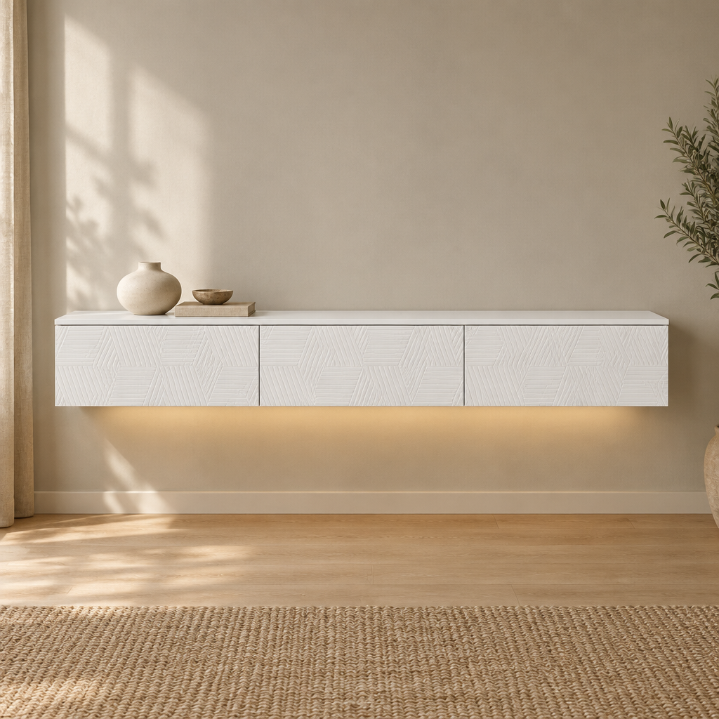 67" Floating LED TV Stand with Cable Holes – White — living room front