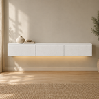 67" Floating LED TV Stand with Cable Holes – White — living room front