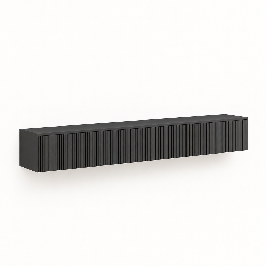 65" Floating LED TV Stand, Wall-Mounted – Black — studio three-quarter