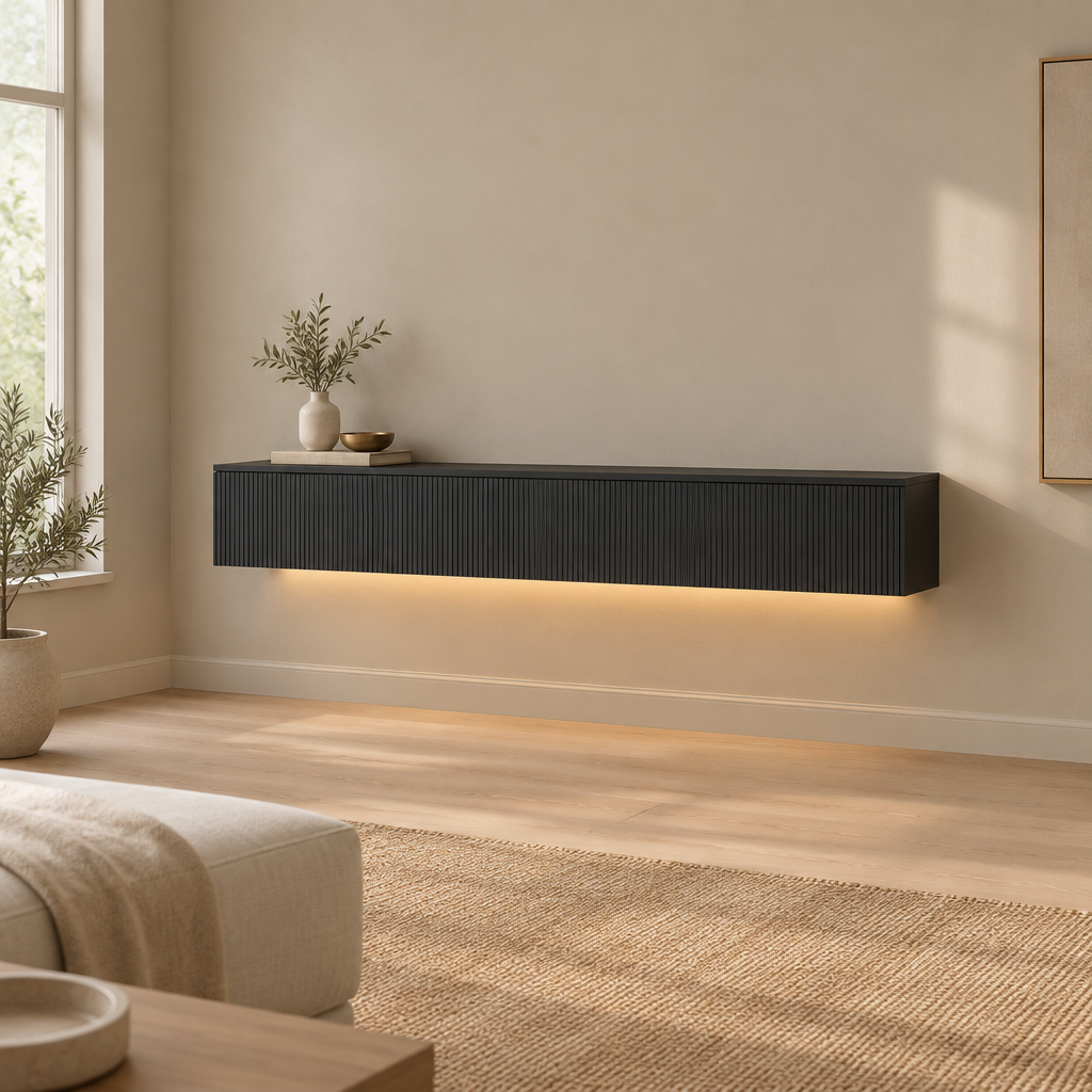 65" Floating LED TV Stand, Wall-Mounted – Black — living room wide