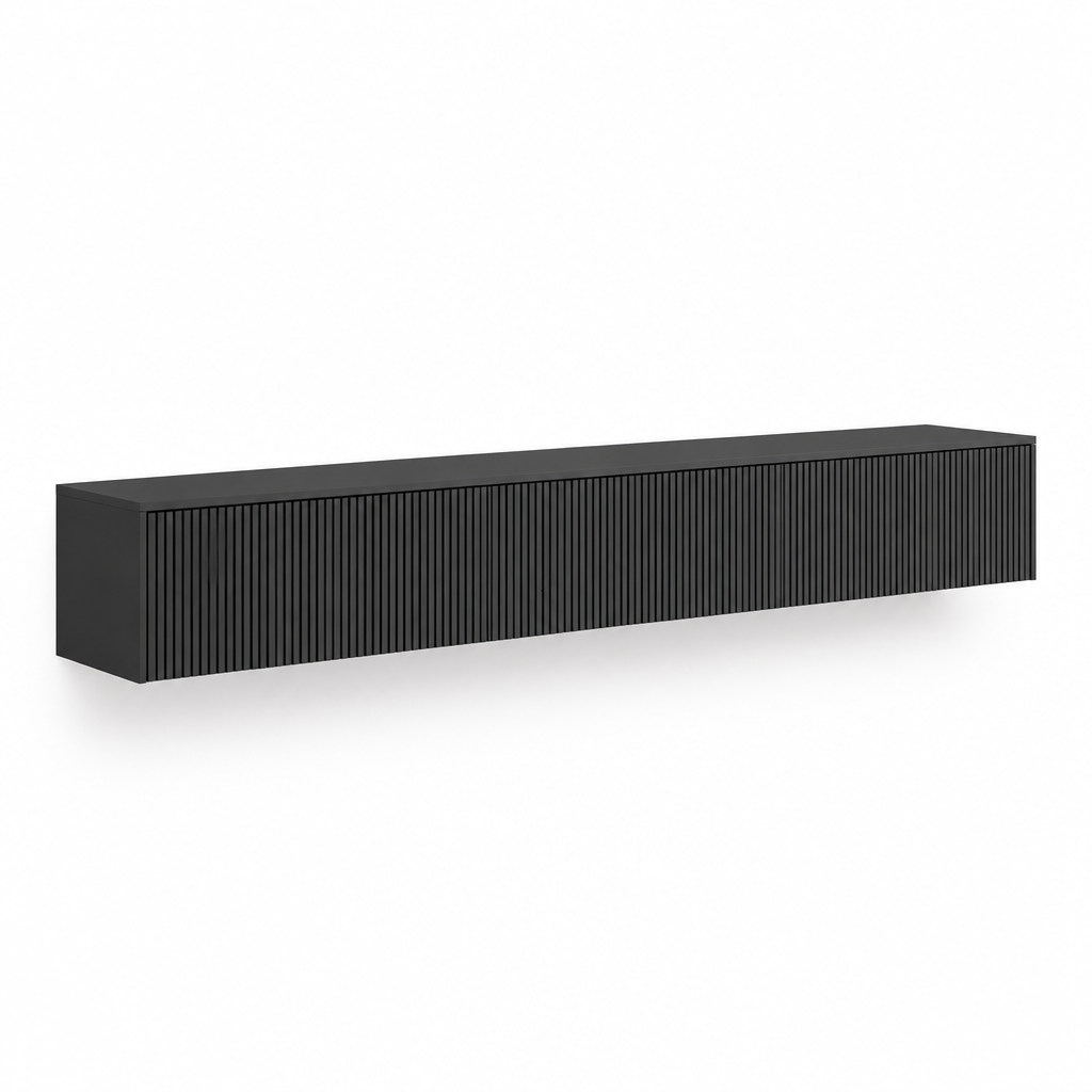 65" Floating LED TV Stand, Wall-Mounted – Black — studio side profile