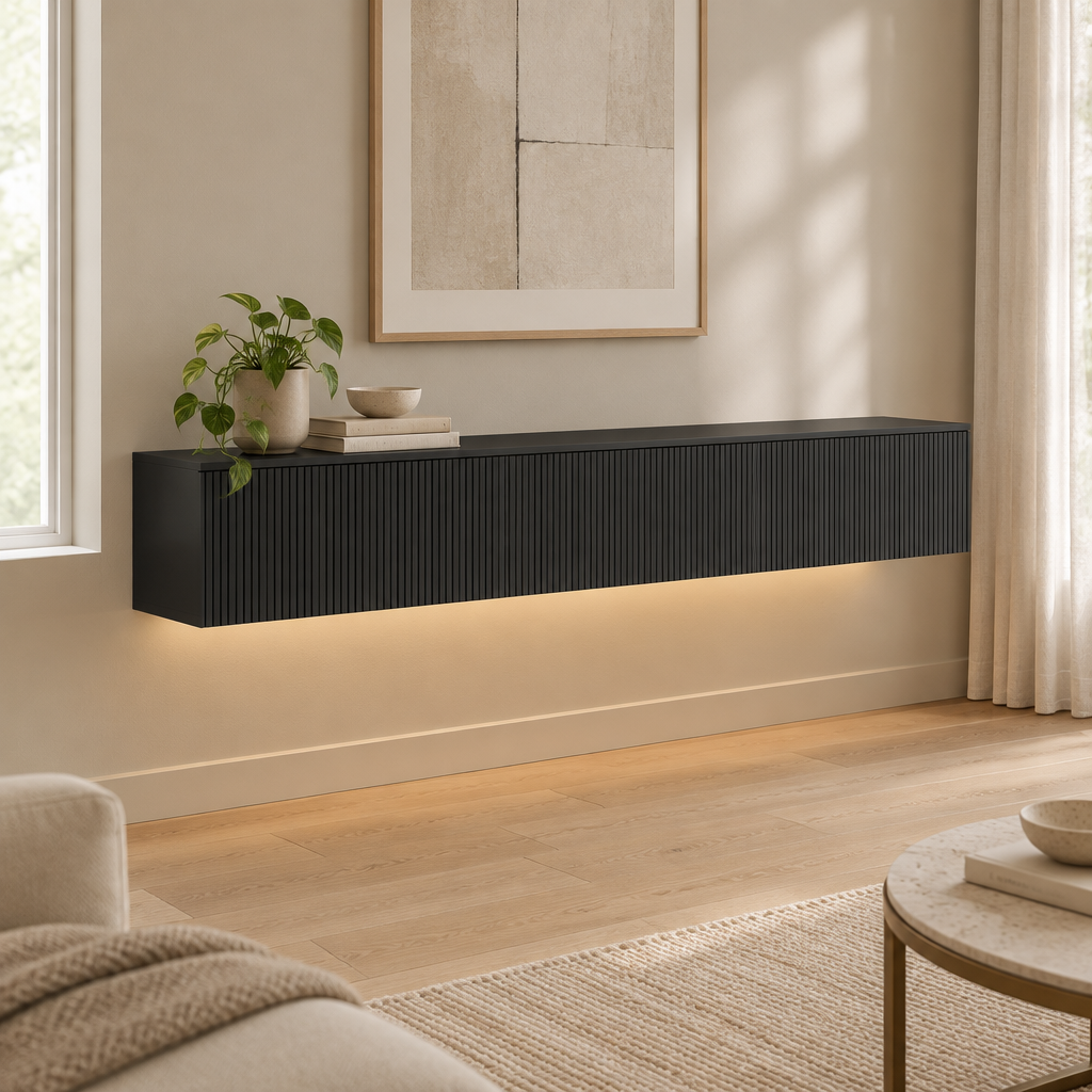 65" Floating LED TV Stand, Wall-Mounted – Black — living room three-quarter left