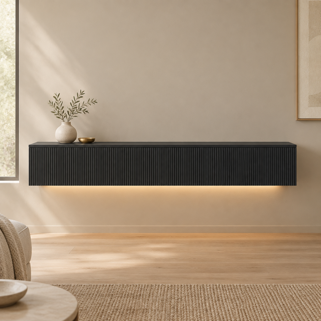 65" Floating LED TV Stand, Wall-Mounted – Black — living room front
