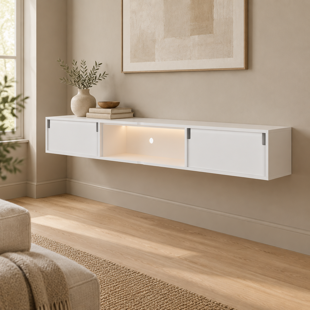 63" Floating LED TV Stand, Wall-Mounted – White — living room three-quarter right