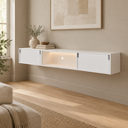 63" Floating LED TV Stand, Wall-Mounted – White — living room three-quarter right