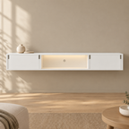 63" Floating LED TV Stand, Wall-Mounted – White — living room front