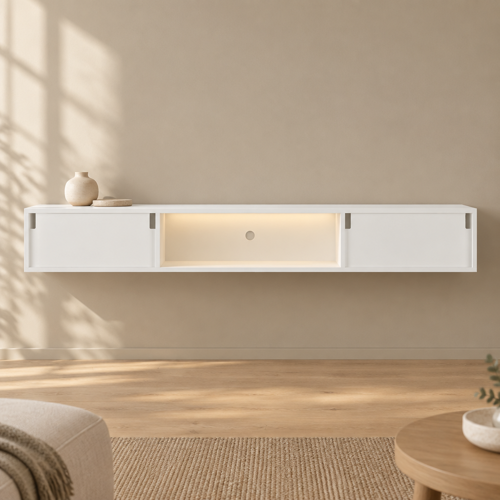 63" Floating LED TV Stand, Wall-Mounted – White — living room front