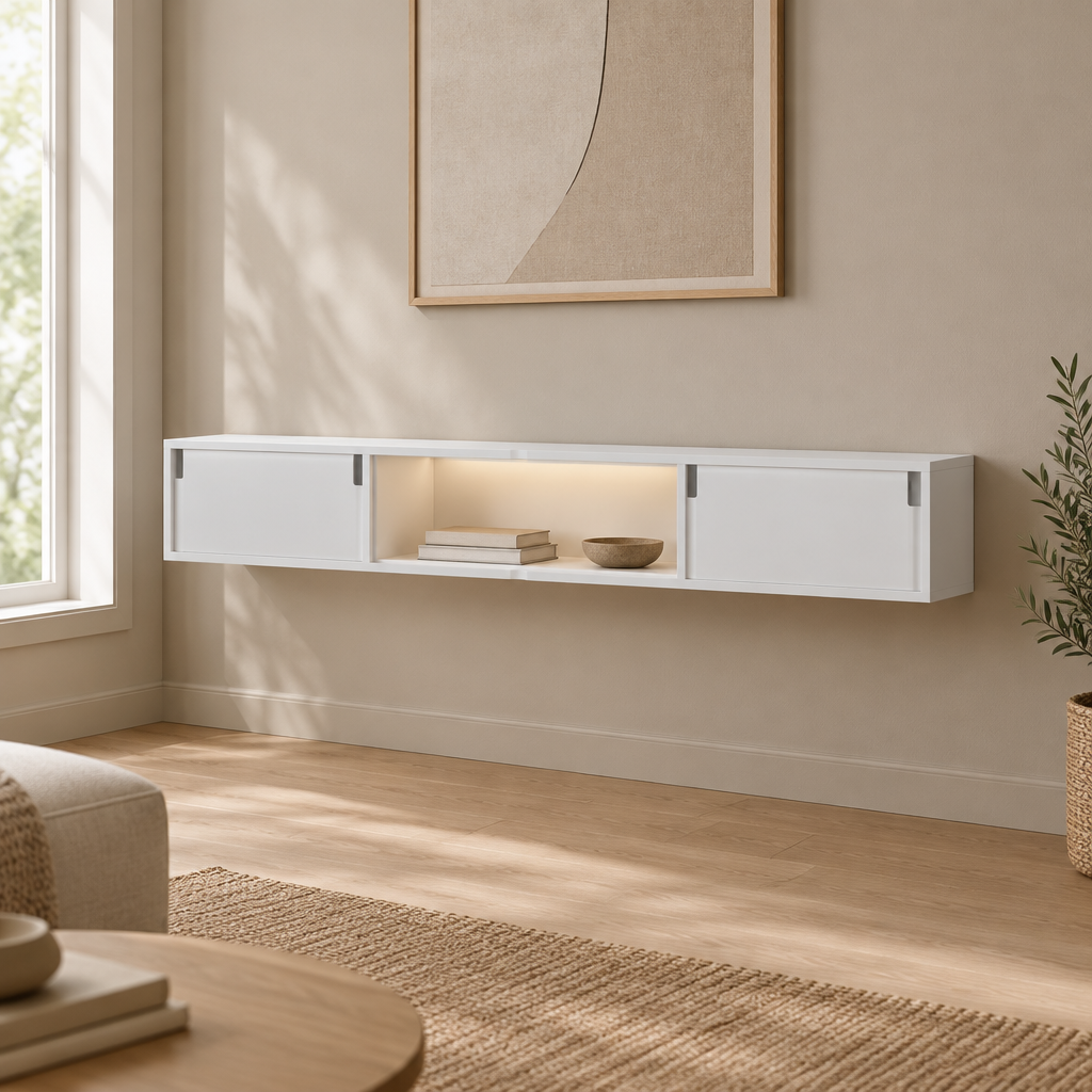 63" Floating LED TV Stand, Wall-Mounted – White — living room three-quarter left