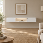 63" Floating LED TV Stand, Wall-Mounted – White — living room wide