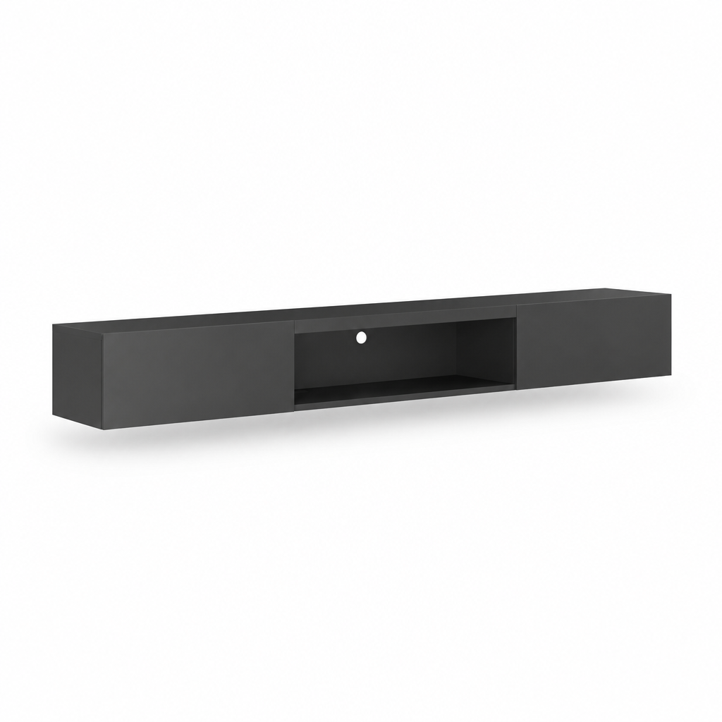 63" Floating LED TV Stand, Wall-Mounted – Black — studio three-quarter