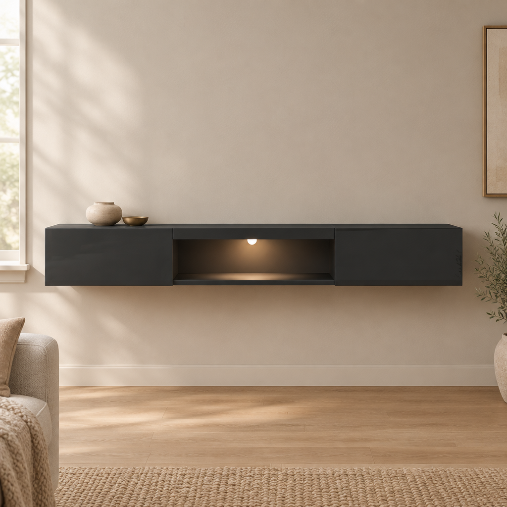 63" Floating LED TV Stand, Wall-Mounted – Black — living room front