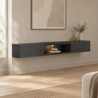 63" Floating LED TV Stand, Wall-Mounted – Black — living room three-quarter left