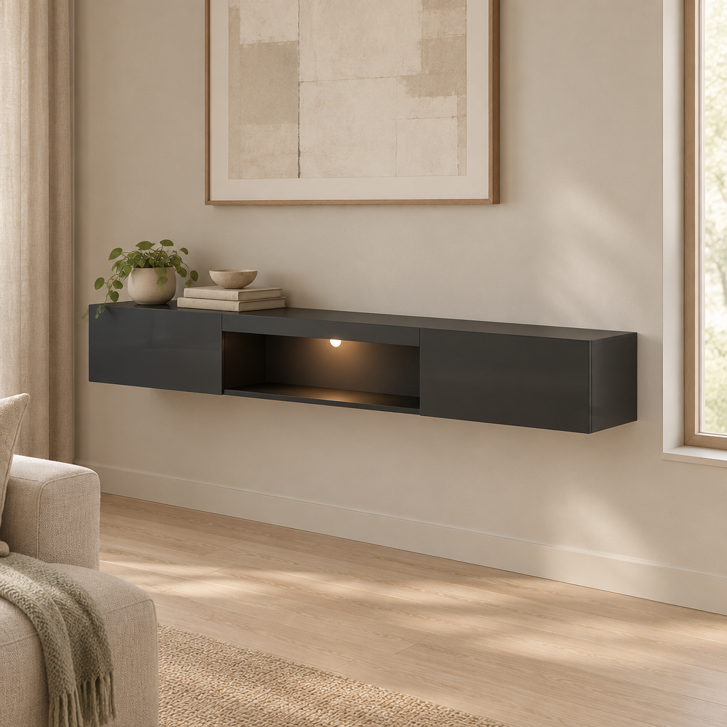 63" Floating LED TV Stand, Wall-Mounted – Black — living room three-quarter right