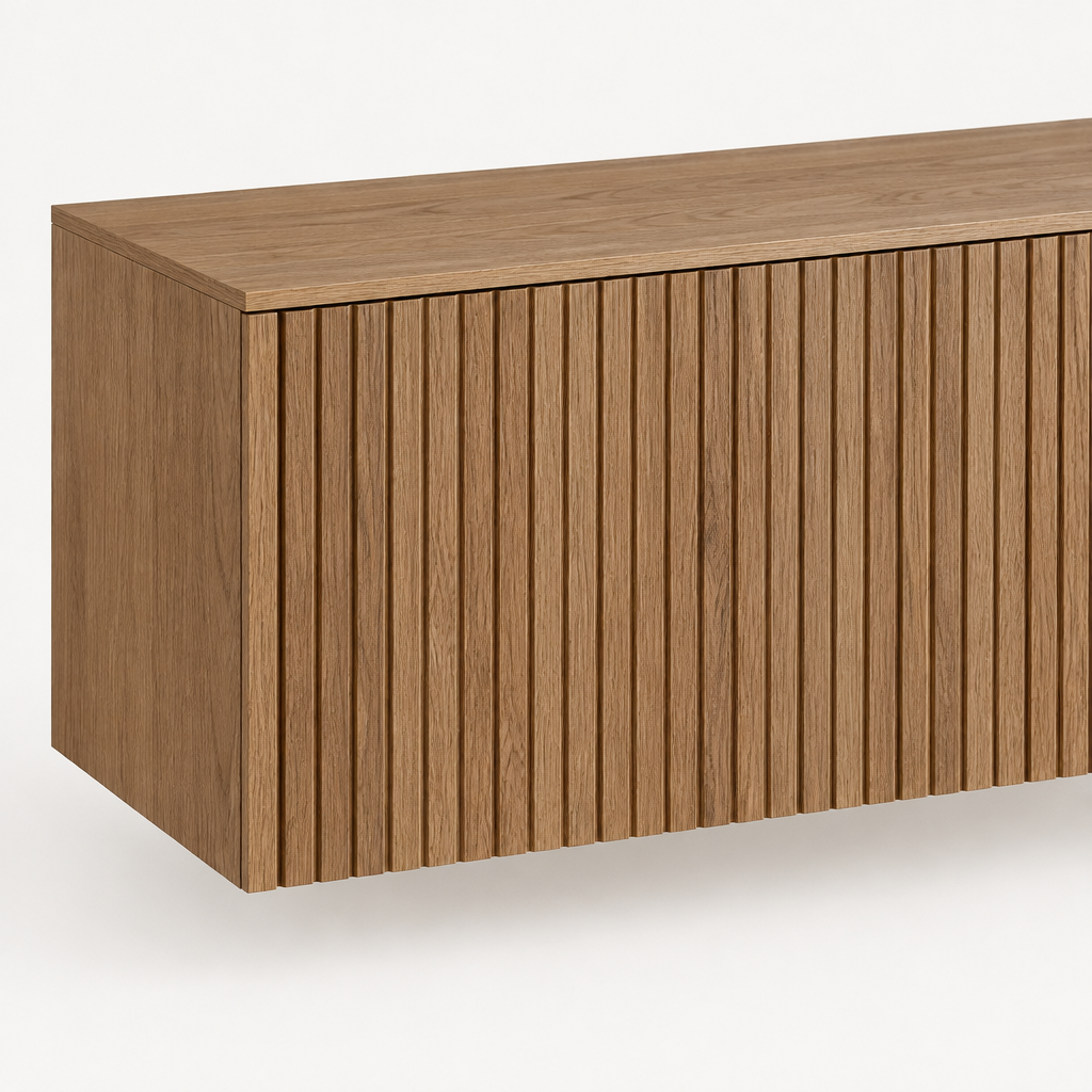 65" Floating LED TV Stand, Wall-Mounted – Wood — studio detail