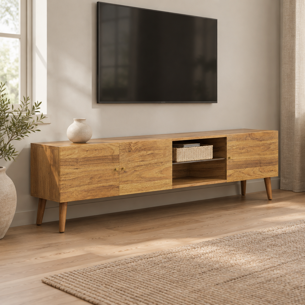 70" Mid-Century TV Stand, 3-Door Pine Legs – Brown Oak — living room three-quarter left