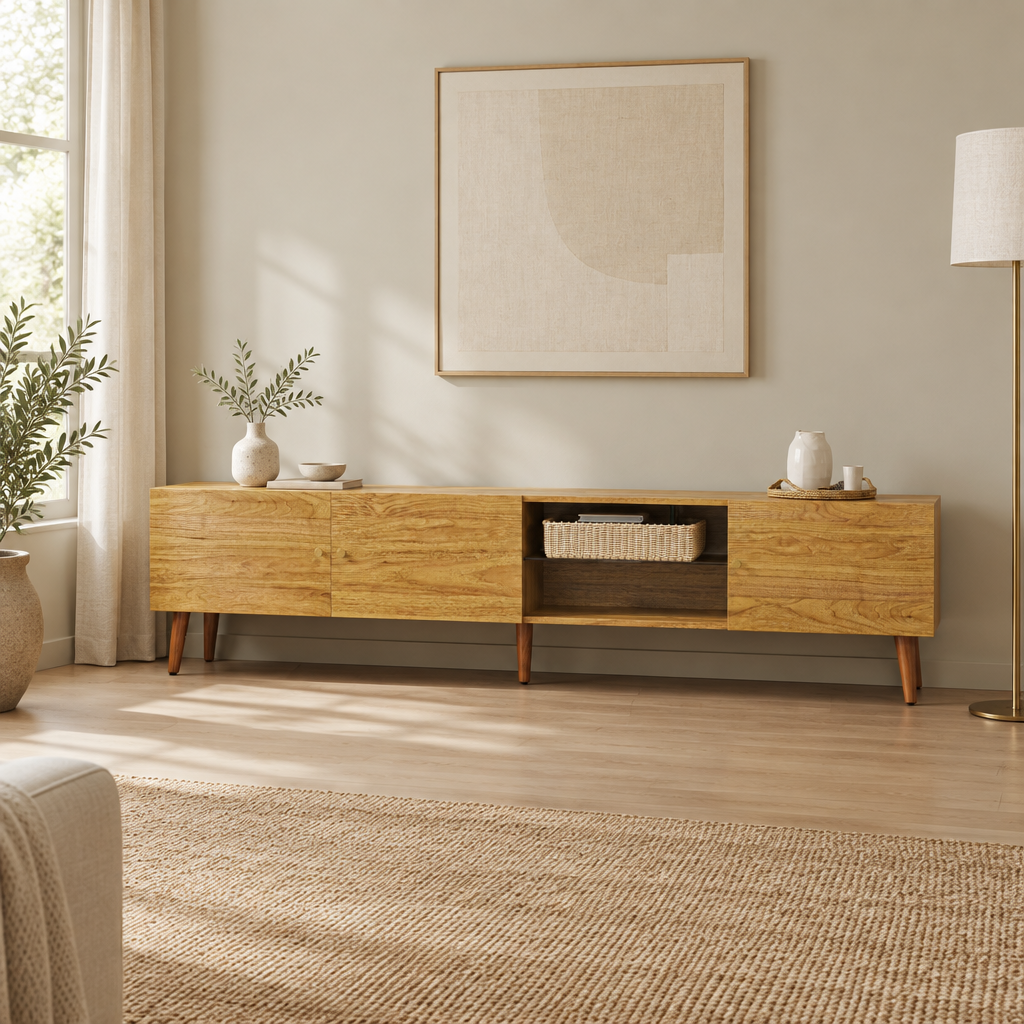 70" Mid-Century TV Stand, 3-Door Pine Legs – Brown Oak — living room wide