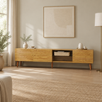 70" Mid-Century TV Stand, 3-Door Pine Legs – Brown Oak — living room wide