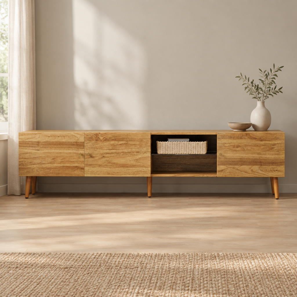 70" Mid-Century TV Stand, 3-Door Pine Legs – Brown Oak — living room front